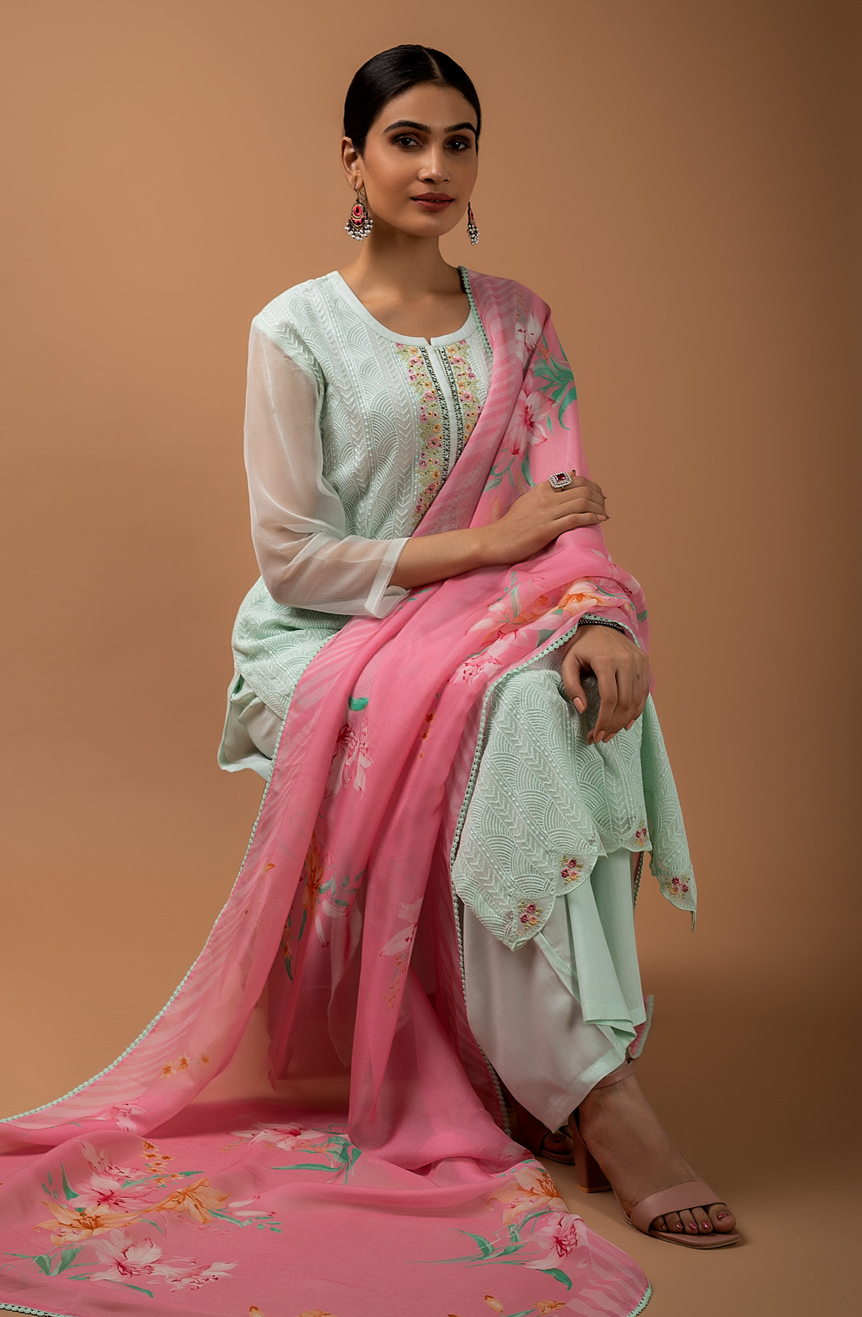 Sea Green Chiffon Exclusive Embroidery Suit-set with Organza Dupatta - VIV1867A