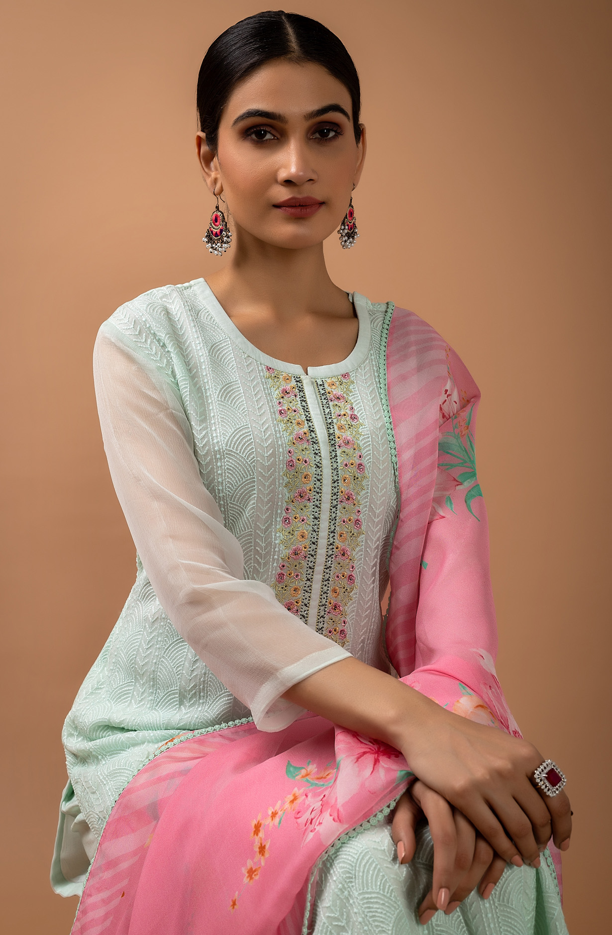 Sea Green Chiffon Exclusive Embroidery Suit-set with Organza Dupatta - VIV1867A