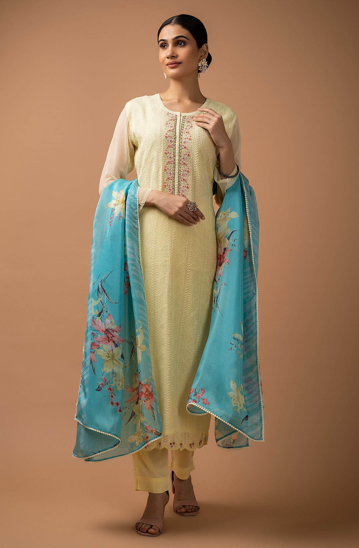 Yellow Chiffon Exclusive Embroidery Suit-set with Organza Dupatta - VIV1867C