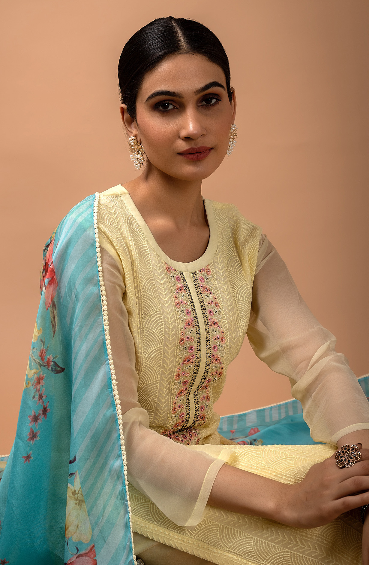 Yellow Chiffon Exclusive Embroidery Suit-set with Organza Dupatta - VIV1867C