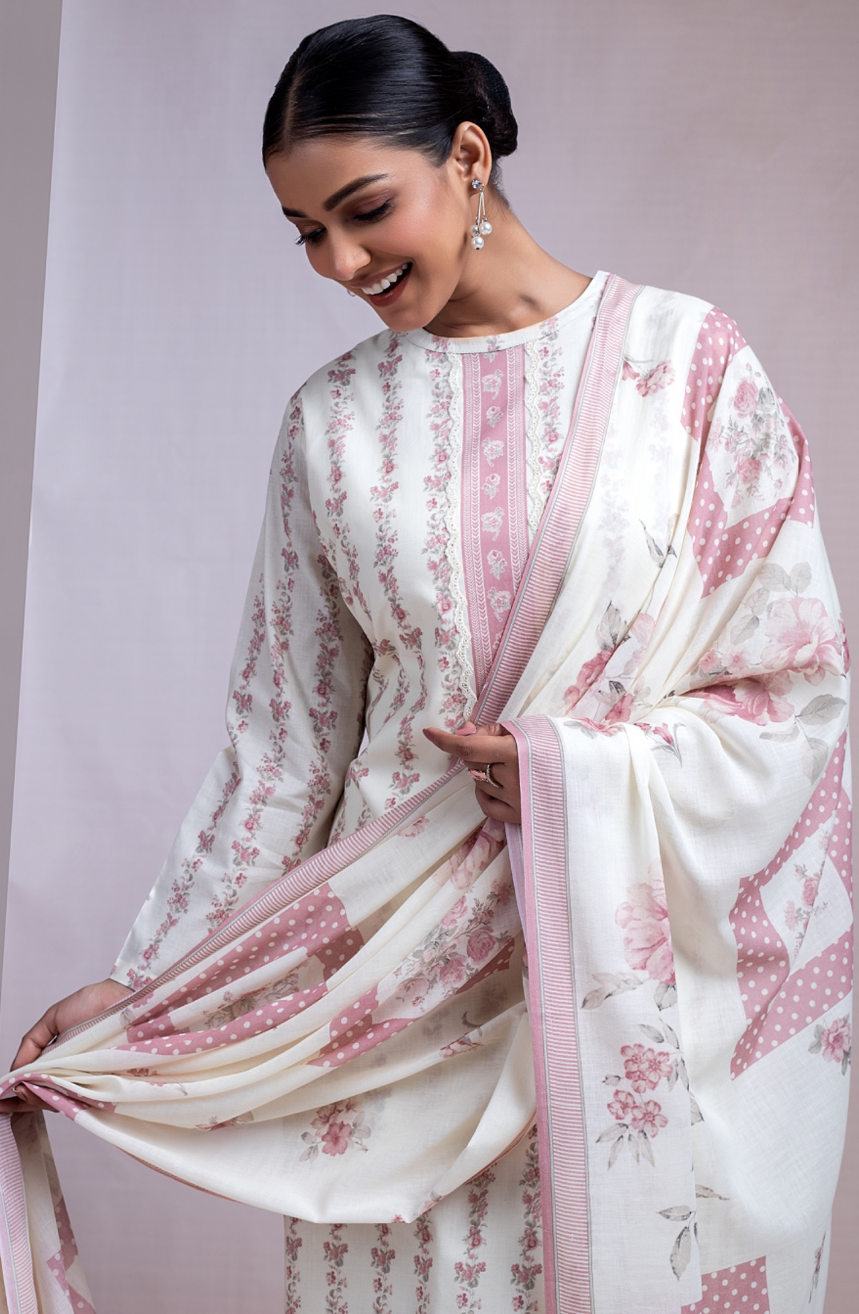 Cream Cotton Lawn Printed Suit with Dupatta - VIY2402