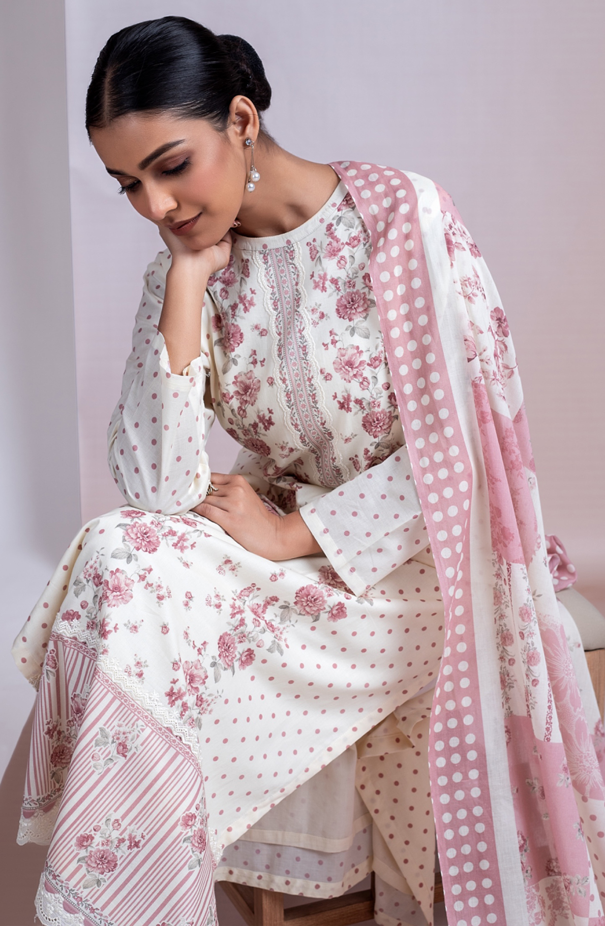 Cream Cotton Lawn Printed Suit with Dupatta - VIY2403