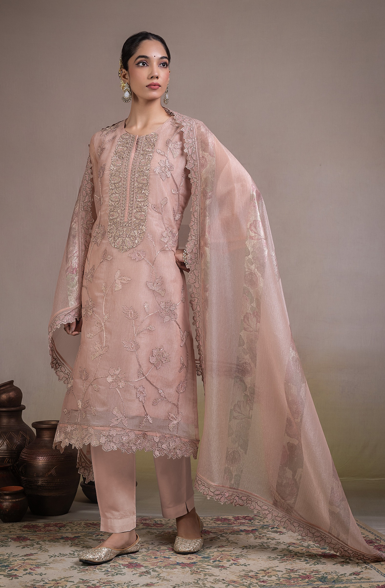 Peach Banarsi tissue crush Unstitched Suit Set with Beautiful Dupatta - R157-SPR2840