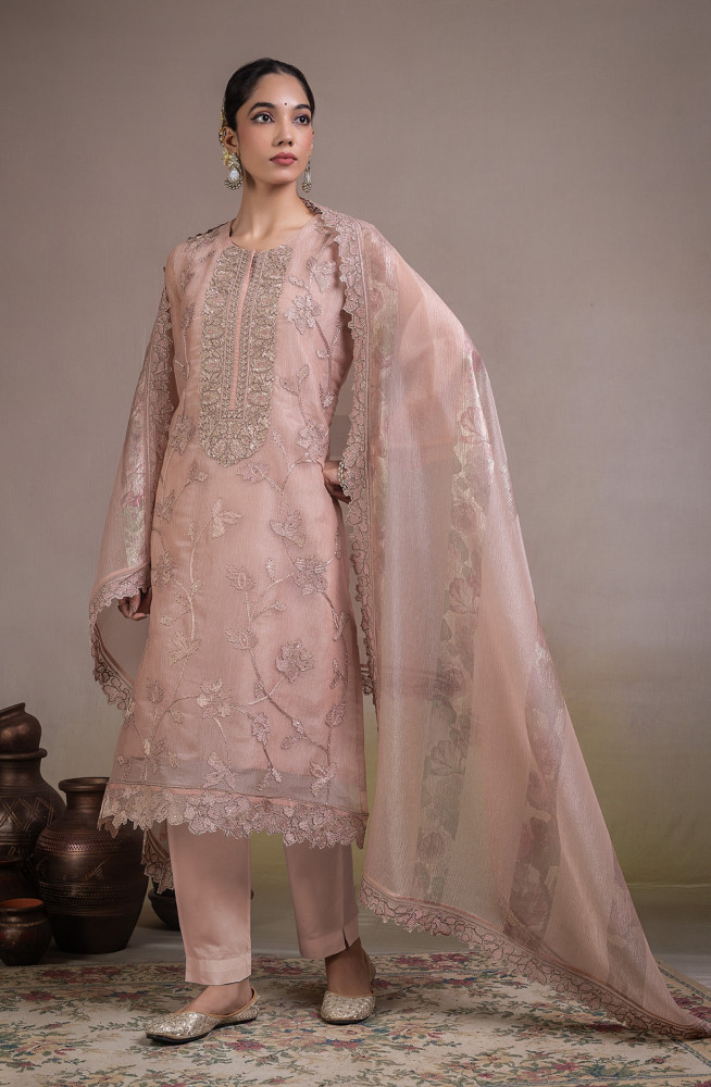 Image of Peach Banarsi tissue crush Unstitched Suit Set with Beautiful Dupatta - R157-SPR2840