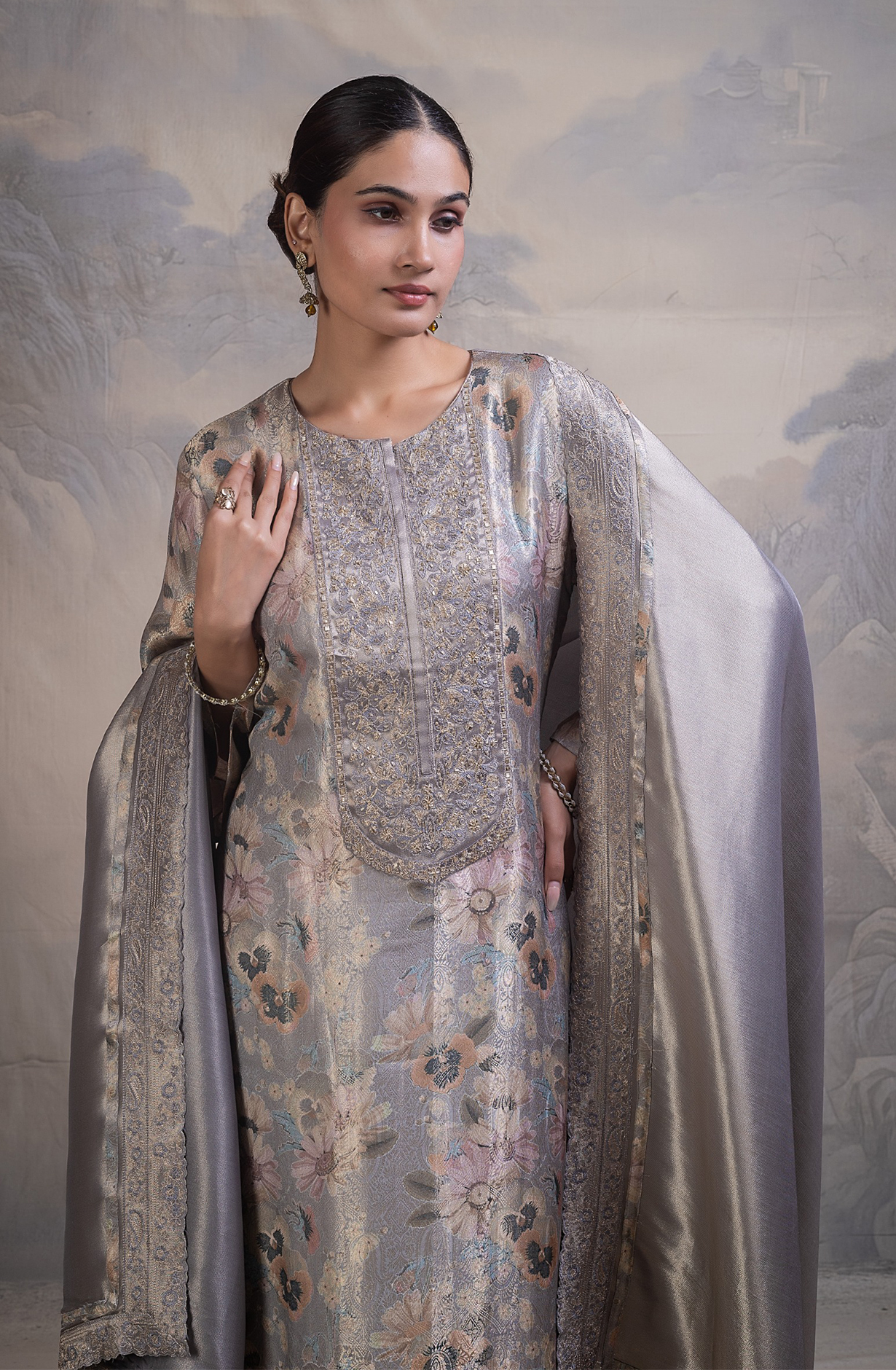 Grey Silk Jacquard Unstitched Suit with Beautiful Ziraf Silk Dupatta- R157-SPR2865