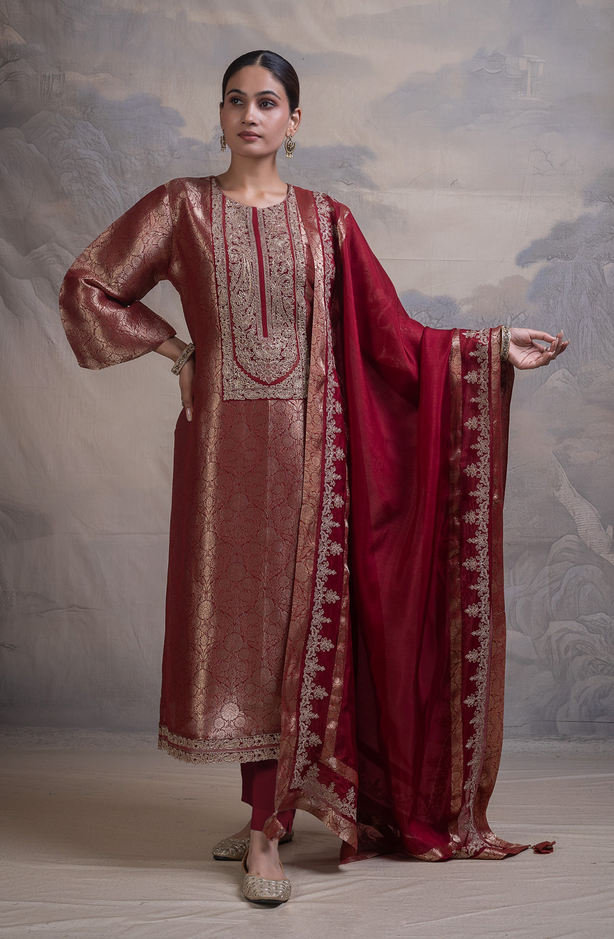 Maroon Ziraf Silk Jacquard Unstitched Suit with Beautiful Silk Dupatta- R157-SPR2794