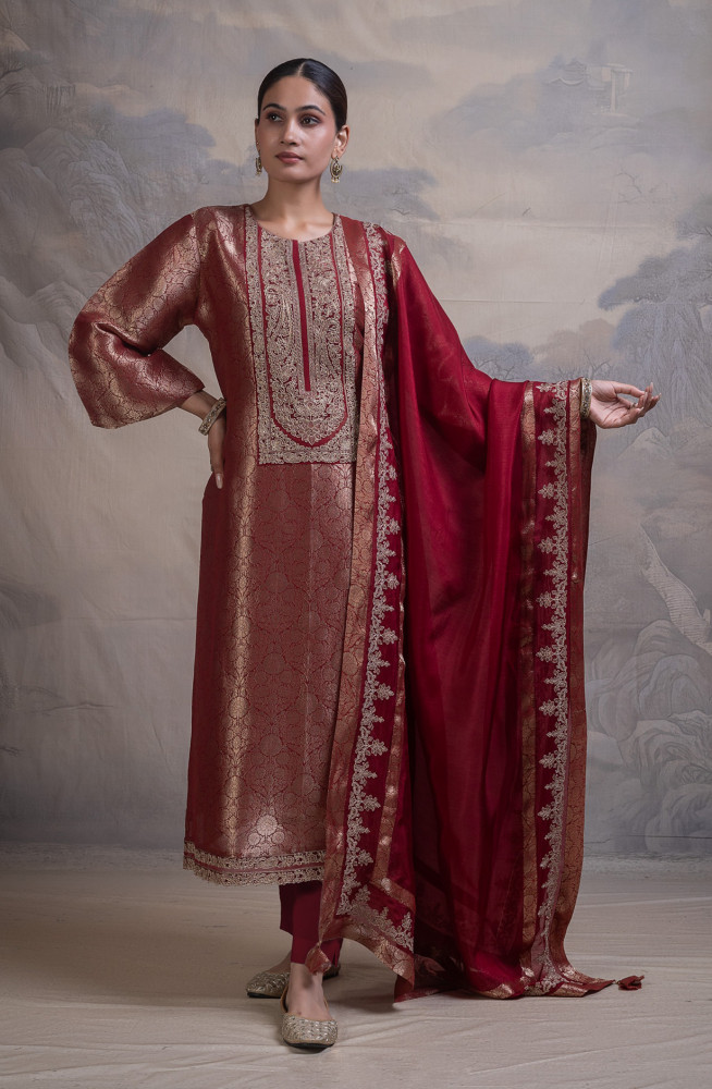 Image of Maroon Ziraf Silk Jacquard Unstitched Suit with Beautiful Silk Dupatta- R157-SPR2794