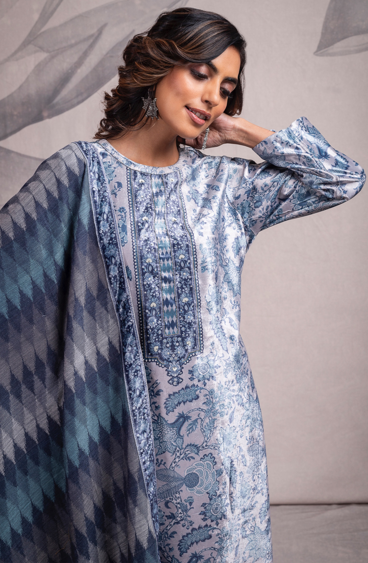 Blue Velvet Beautiful Digital Printed Suit with Pashmina Shawl - VYO2317A