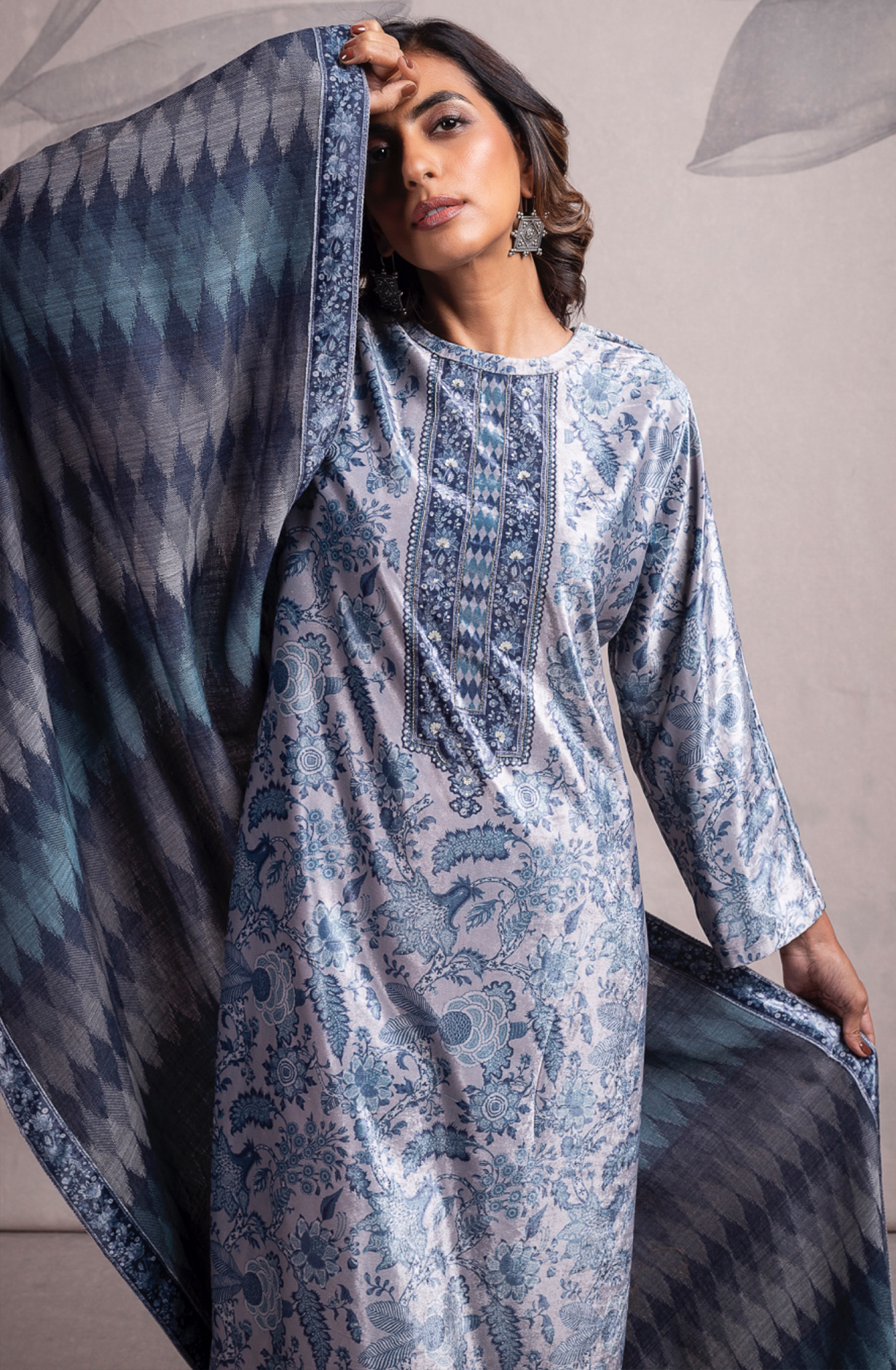 Blue Velvet Beautiful Digital Printed Suit with Pashmina Shawl - VYO2317A