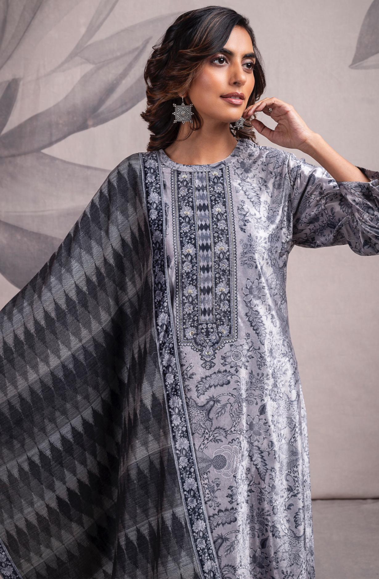 Grey Velvet Beautiful Digital Printed Suit with Pashmina Shawl - VYO2317B