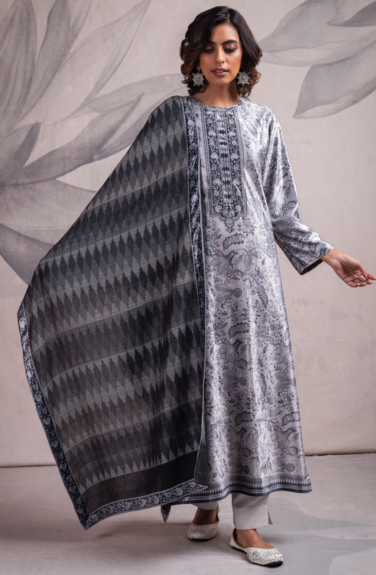 Grey Velvet Beautiful Digital Printed Suit with Pashmina Shawl - VYO2317B