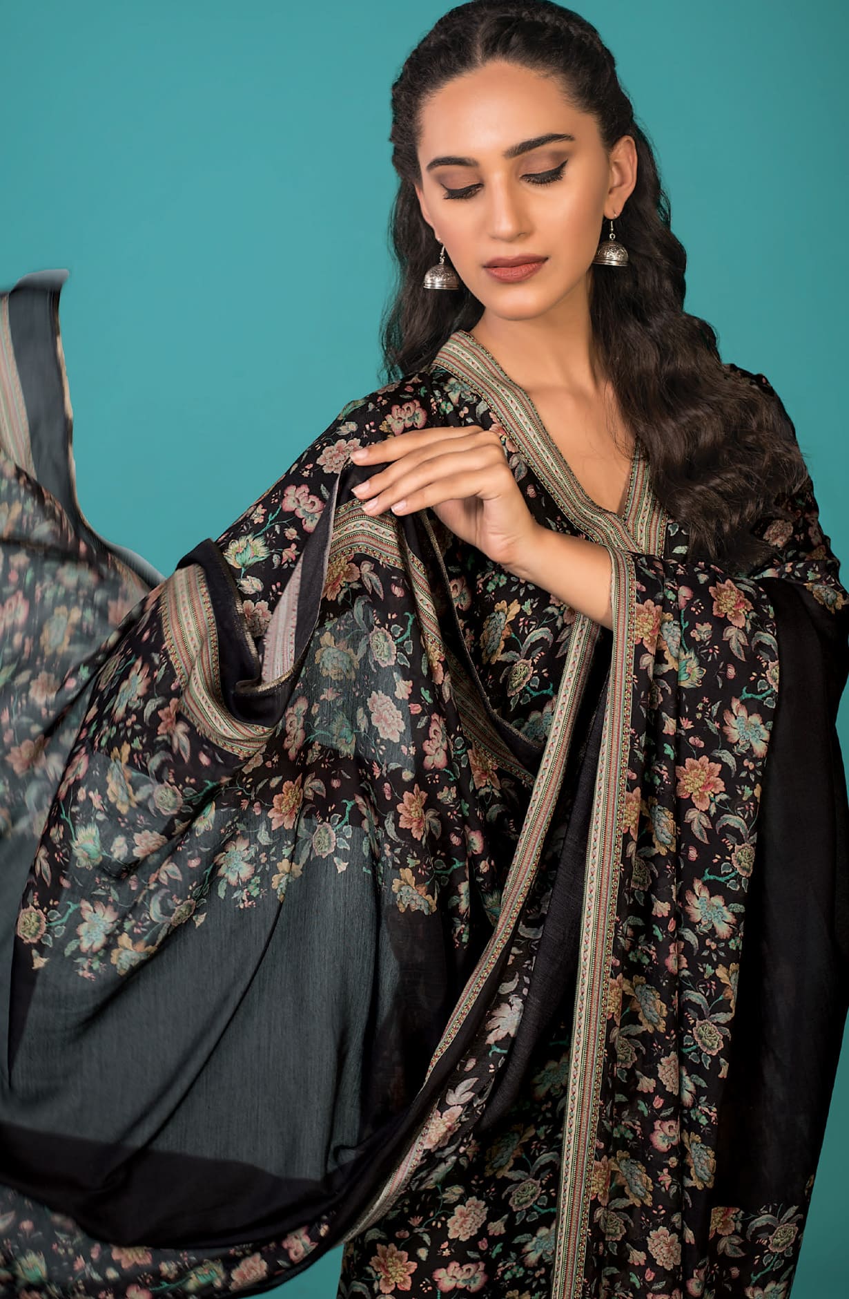 Black Spun Winterwear Unstitched Salwar Kameez Dupatta Set - WAQ3726