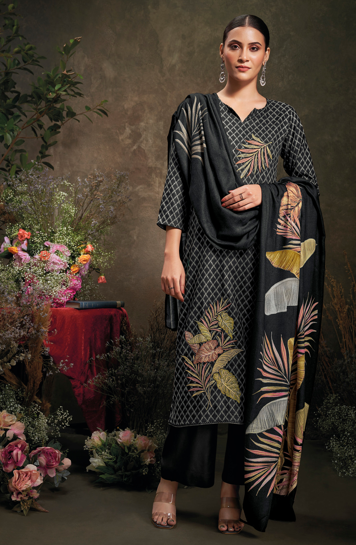 Black Pashmina Winter Unstitched Salwar Kameez with Dupatta - WAYS2027B