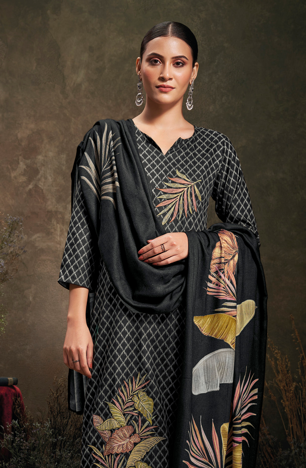 Black Pashmina Winter Unstitched Salwar Kameez with Dupatta - WAYS2027B