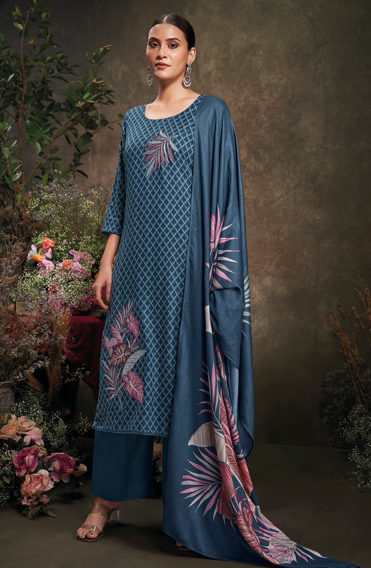 Blue Pashmina Winter Unstitched Salwar Kameez with Dupatta - WAYS2027C