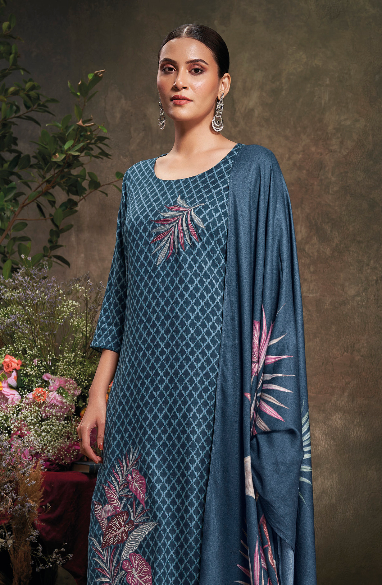 Blue Pashmina Winter Unstitched Salwar Kameez with Dupatta - WAYS2027C