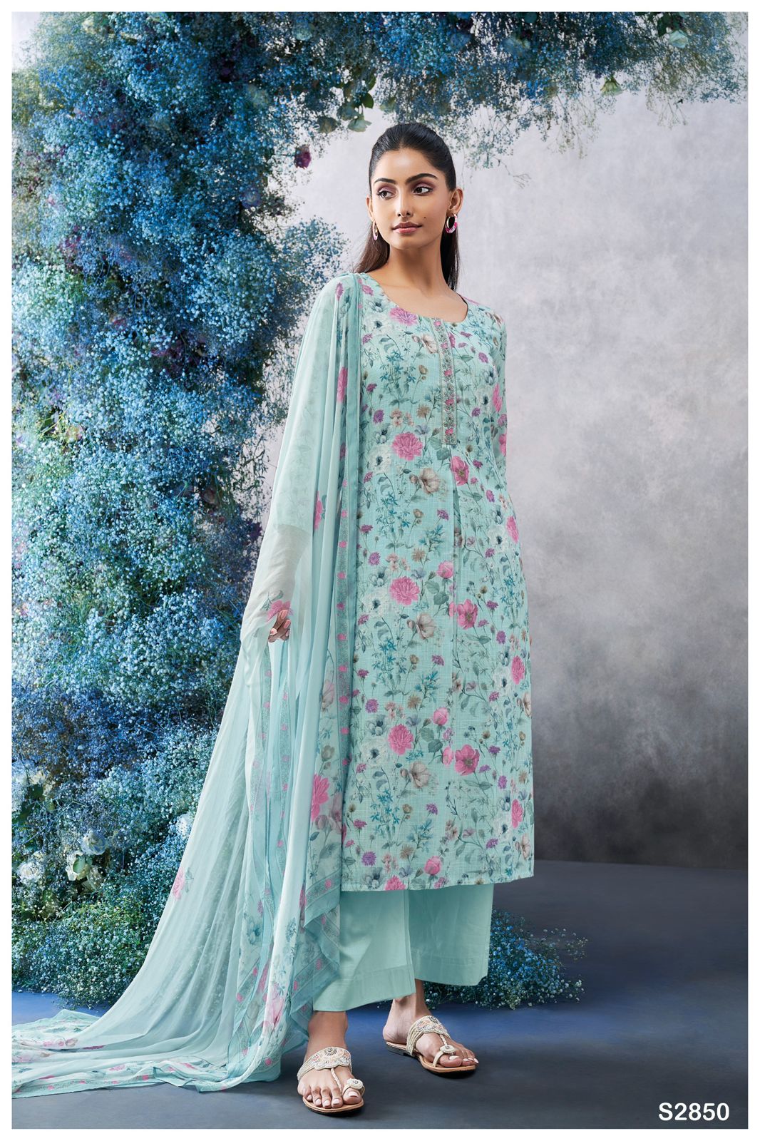 Blue Cotton suit set with Chiffon Dupatta - KATS2850