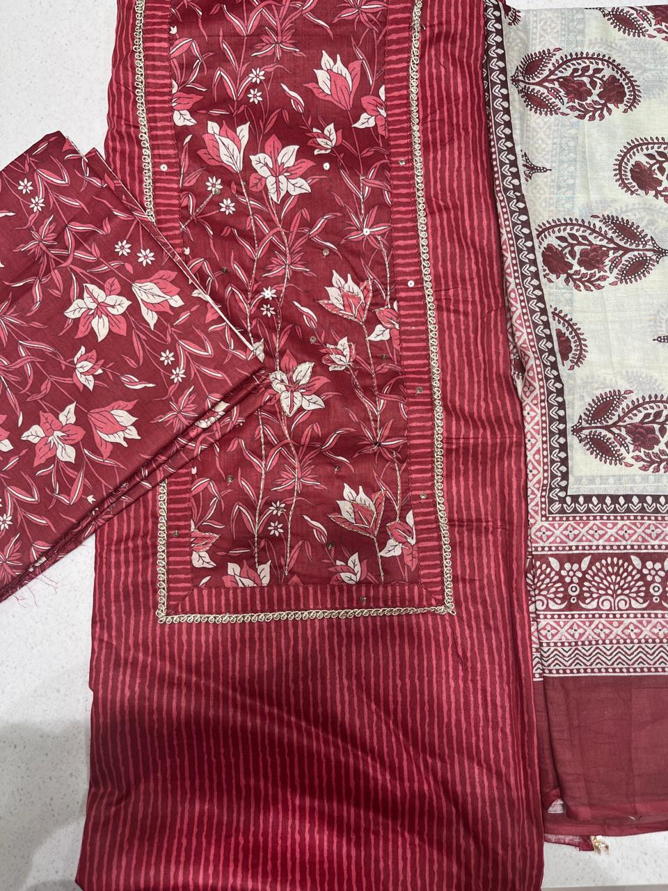 Red Cotton Suit Set with Dupatta - 983-5466-2A