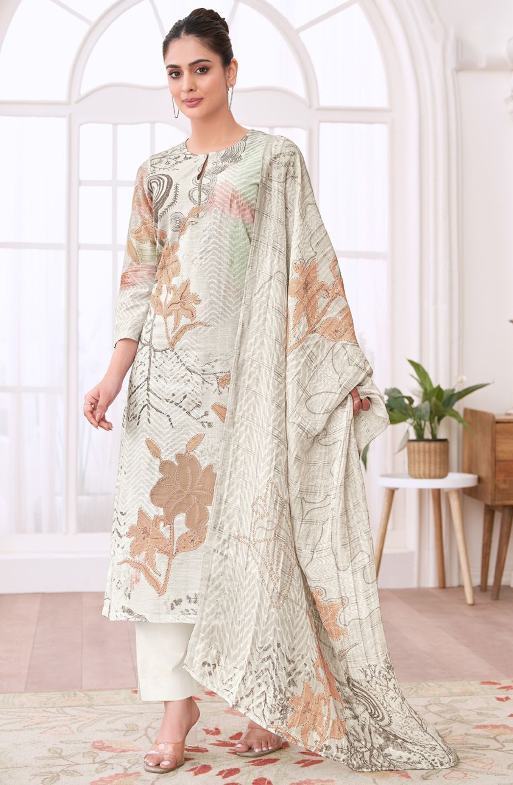 White Digital Printed Cotton Suit Set - AAS930