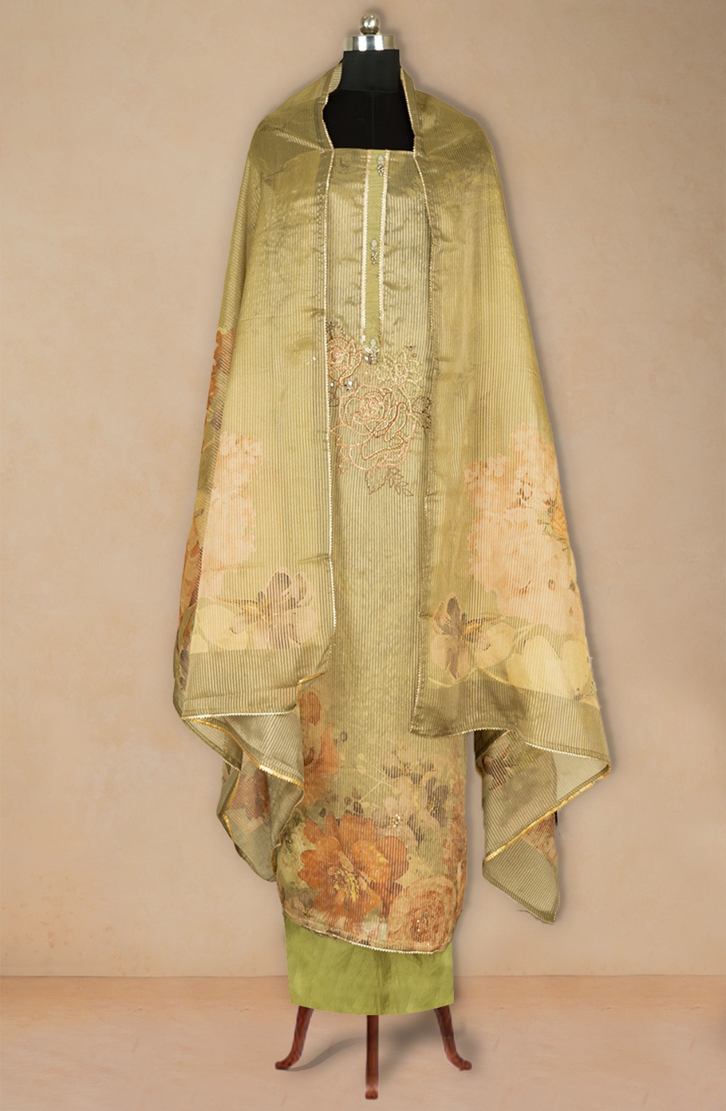 Green Organza Beautiful Suit Set with Dupatta - 669-18186A