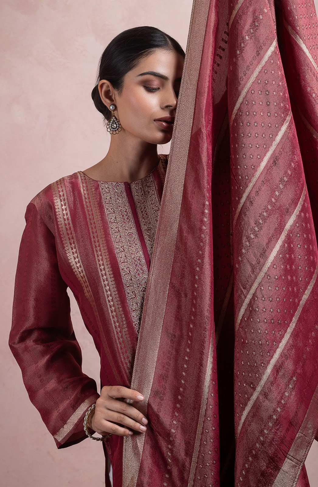 Red Tissue Silk Jacquard Suit Set with Dupatta - RI57-SPR2459