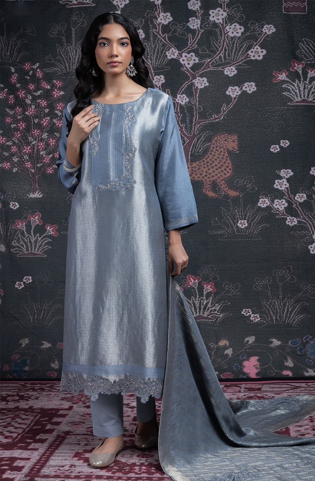 Blue Silk Jacquard Suit Set with Dupatta - R157-SPR2376A