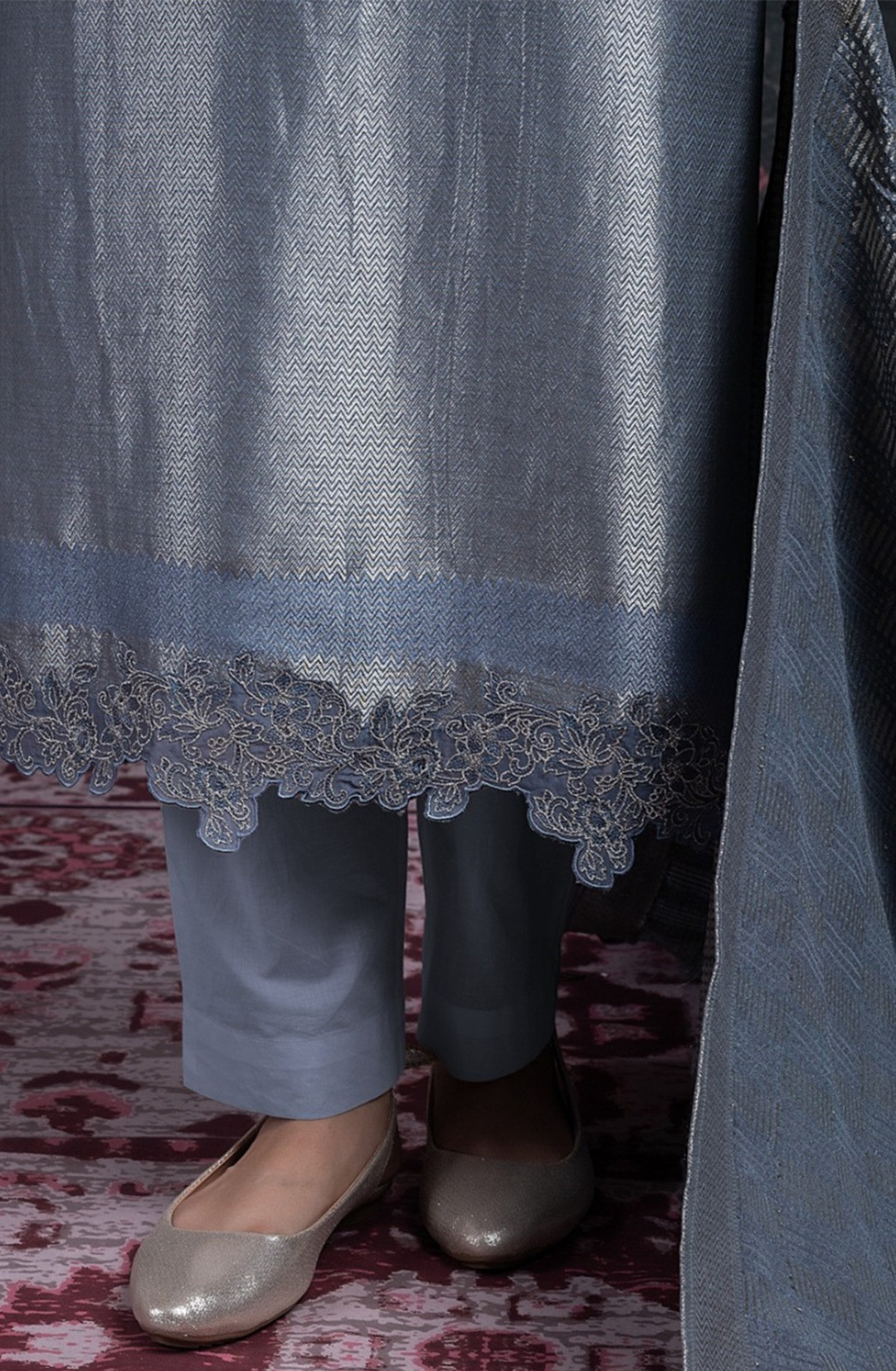 Blue Silk Jacquard Suit Set with Dupatta - R157-SPR2376A