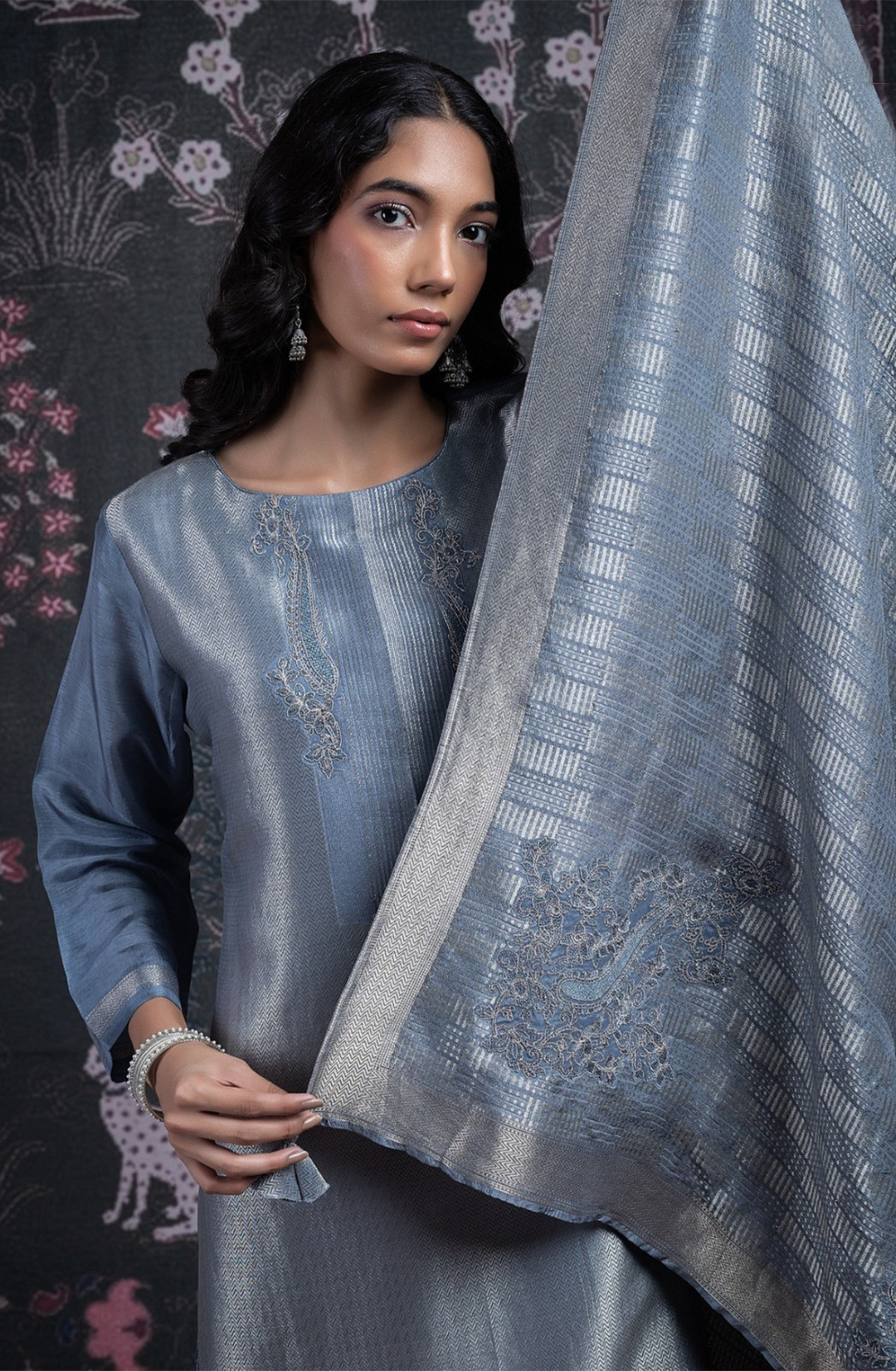 Blue Silk Jacquard Suit Set with Dupatta - R157-SPR2376A