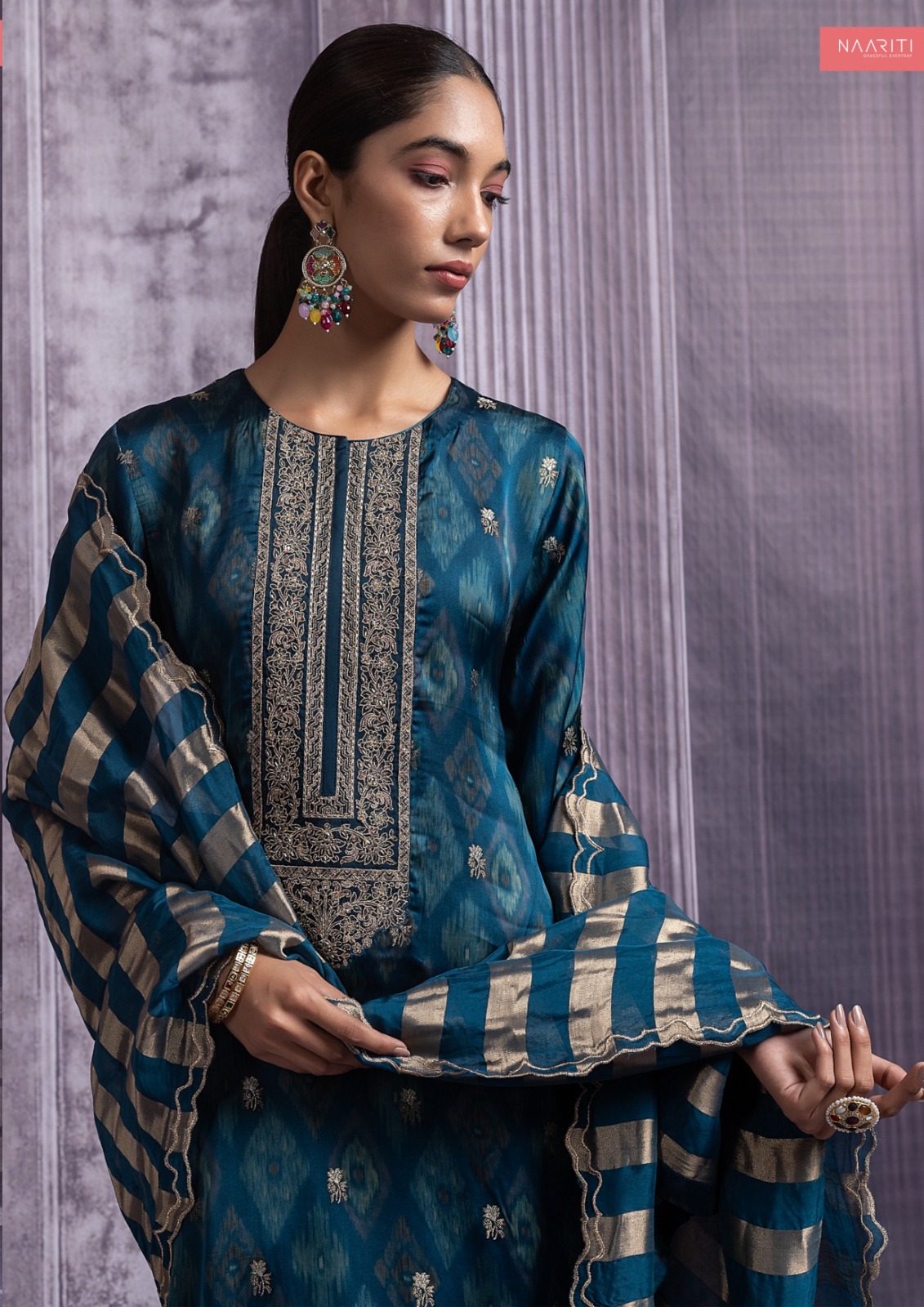 Blue Silk Jacquard Suit Set with Dupatta - R157-SPR2491