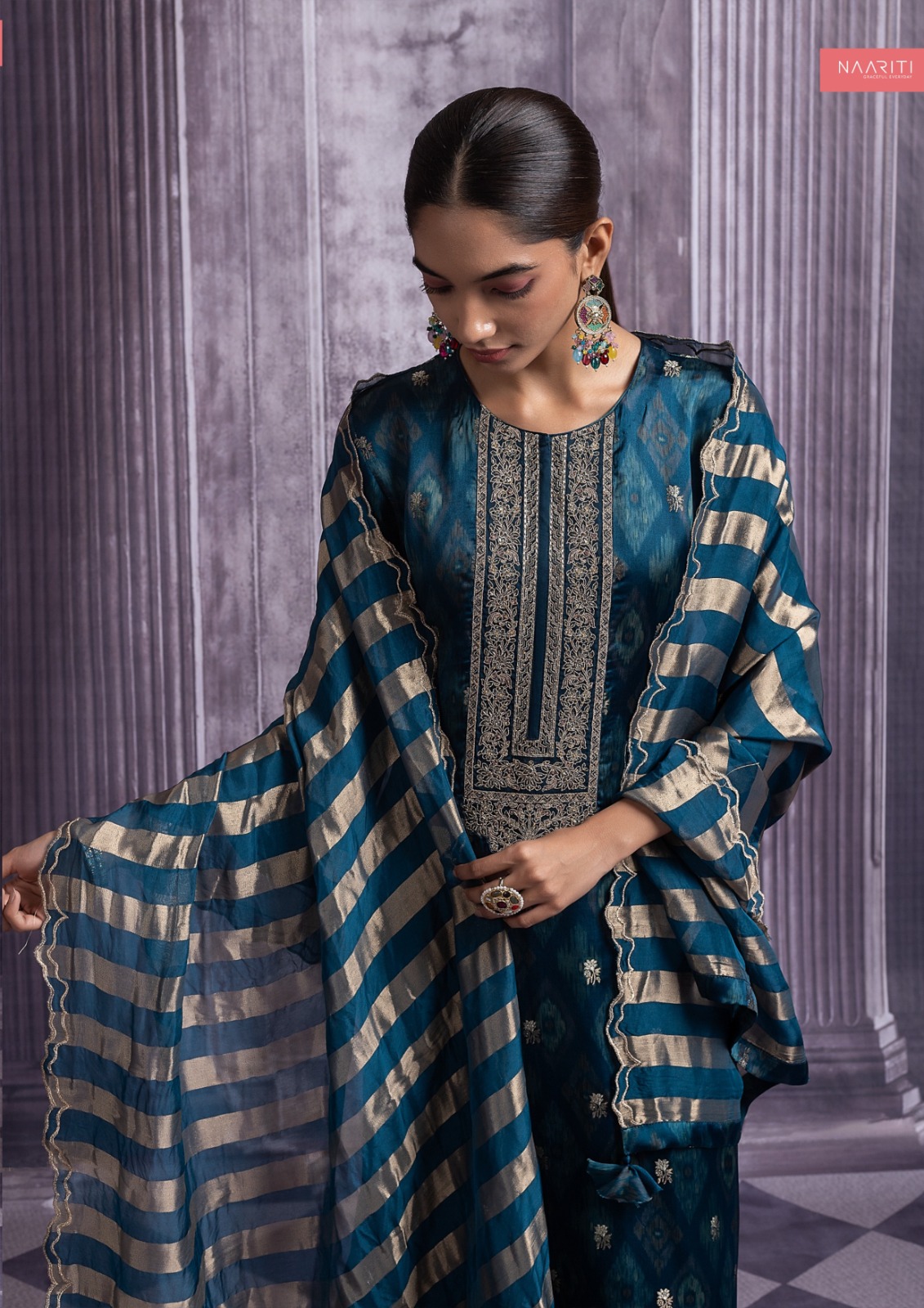 Blue Silk Jacquard Suit Set with Dupatta - R157-SPR2491