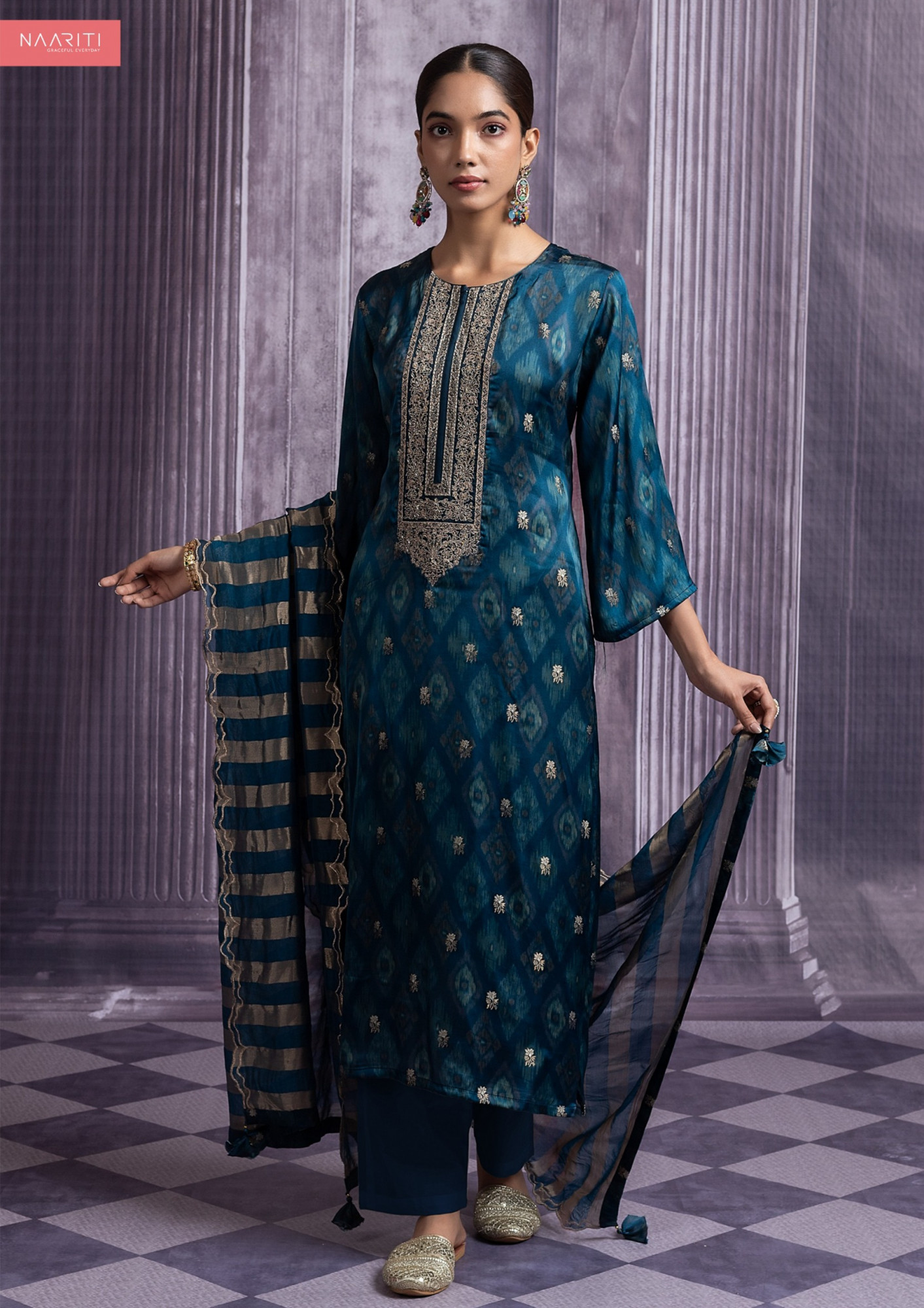 Blue Silk Jacquard Suit Set with Dupatta - R157-SPR2491