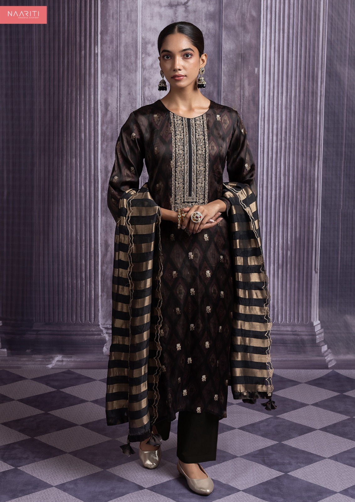Brown Silk Jacquard Suit Set with Dupatta - R157-SPR2491A