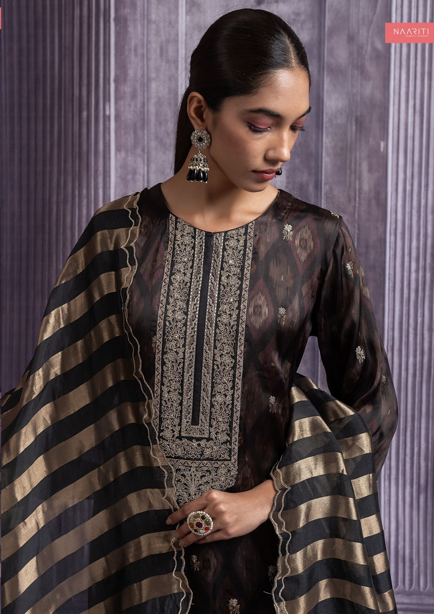 Brown Silk Jacquard Suit Set with Dupatta - R157-SPR2491A