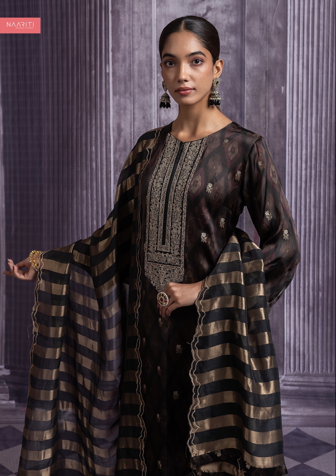 Brown Silk Jacquard Suit Set with Dupatta - R157-SPR2491A