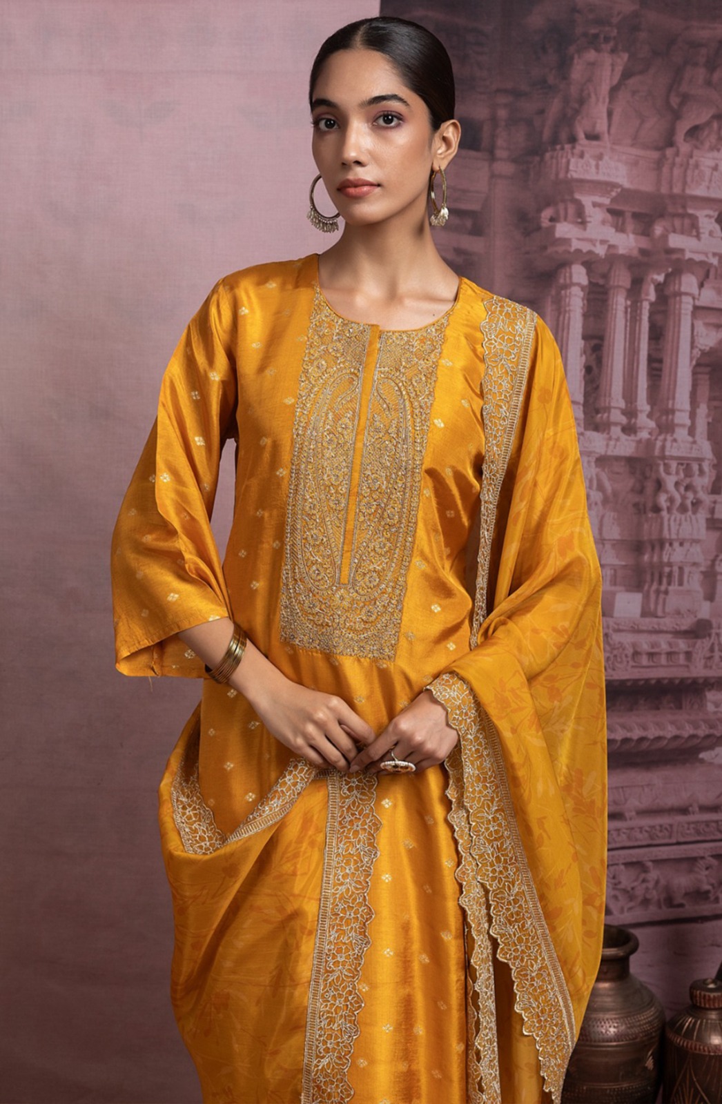 Mustard Tusser Silk Jacquard Suit Set with Silk Dupatta - R157-SPR2483A