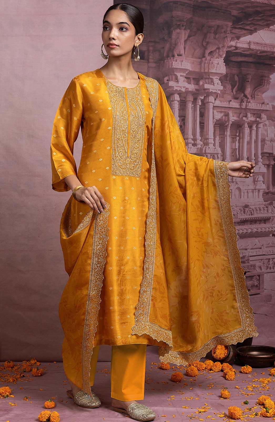 Mustard Tusser Silk Jacquard Suit Set with Silk Dupatta - R157-SPR2483A