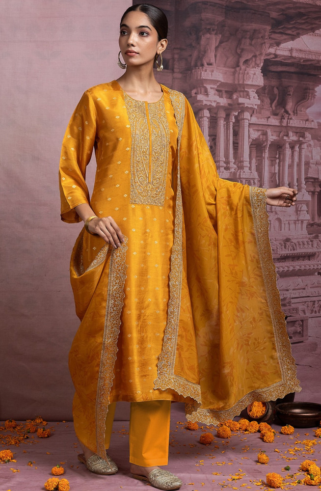 Image of Mustard Tusser Silk Jacquard Suit Set with Silk Dupatta - R157-SPR2483A