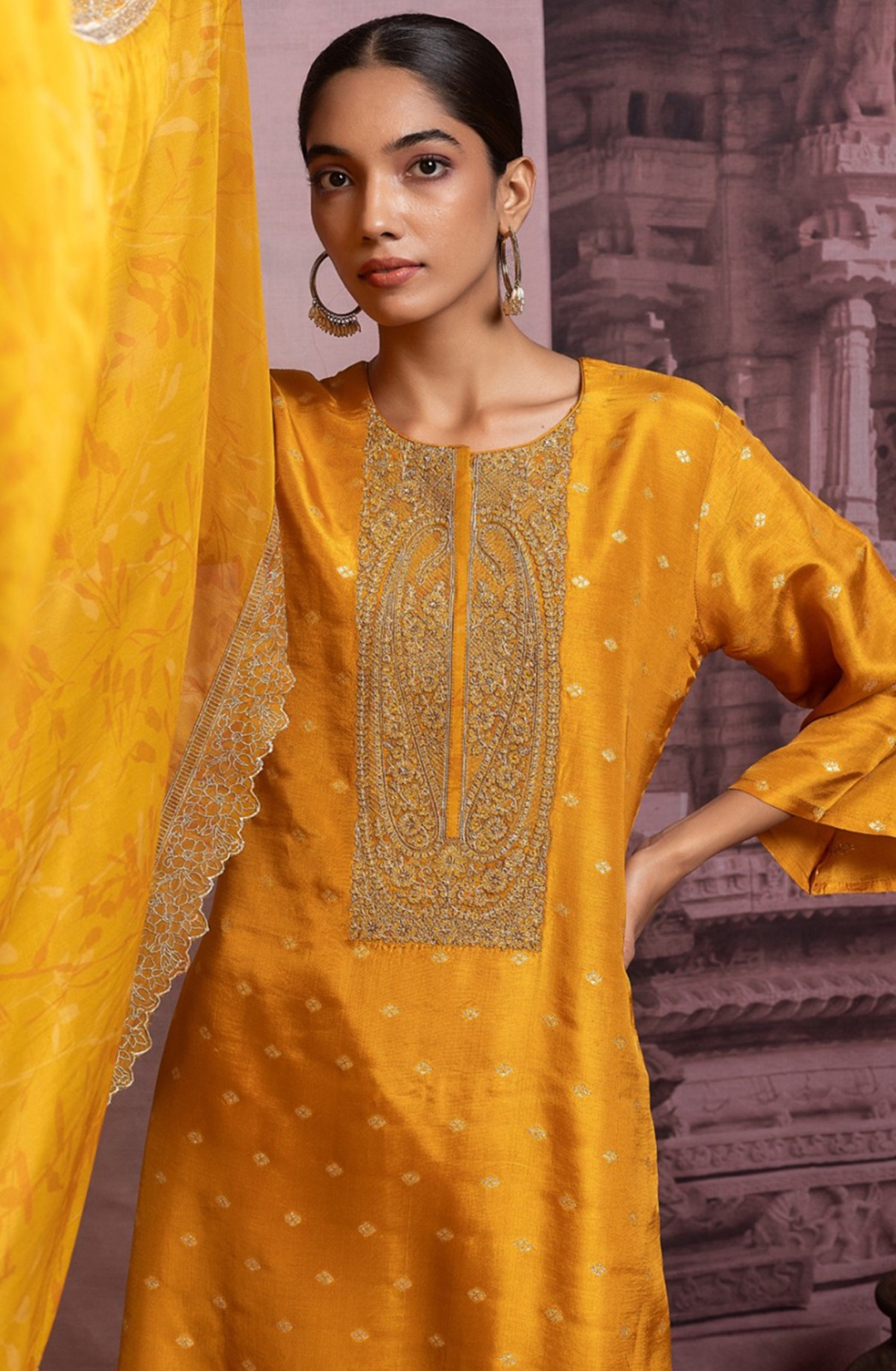 Mustard Tusser Silk Jacquard Suit Set with Silk Dupatta - R157-SPR2483A