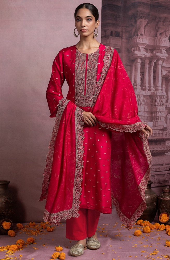 Image of Rani Tusser Silk Jacquard Suit Set with Silk Dupatta - R157-SPR2483