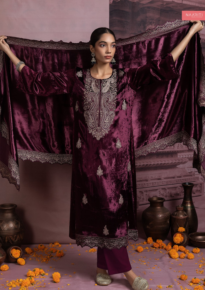 Image of Black Pure Velvet Suit Set with Velvet Dupatta - R157-SPR2464