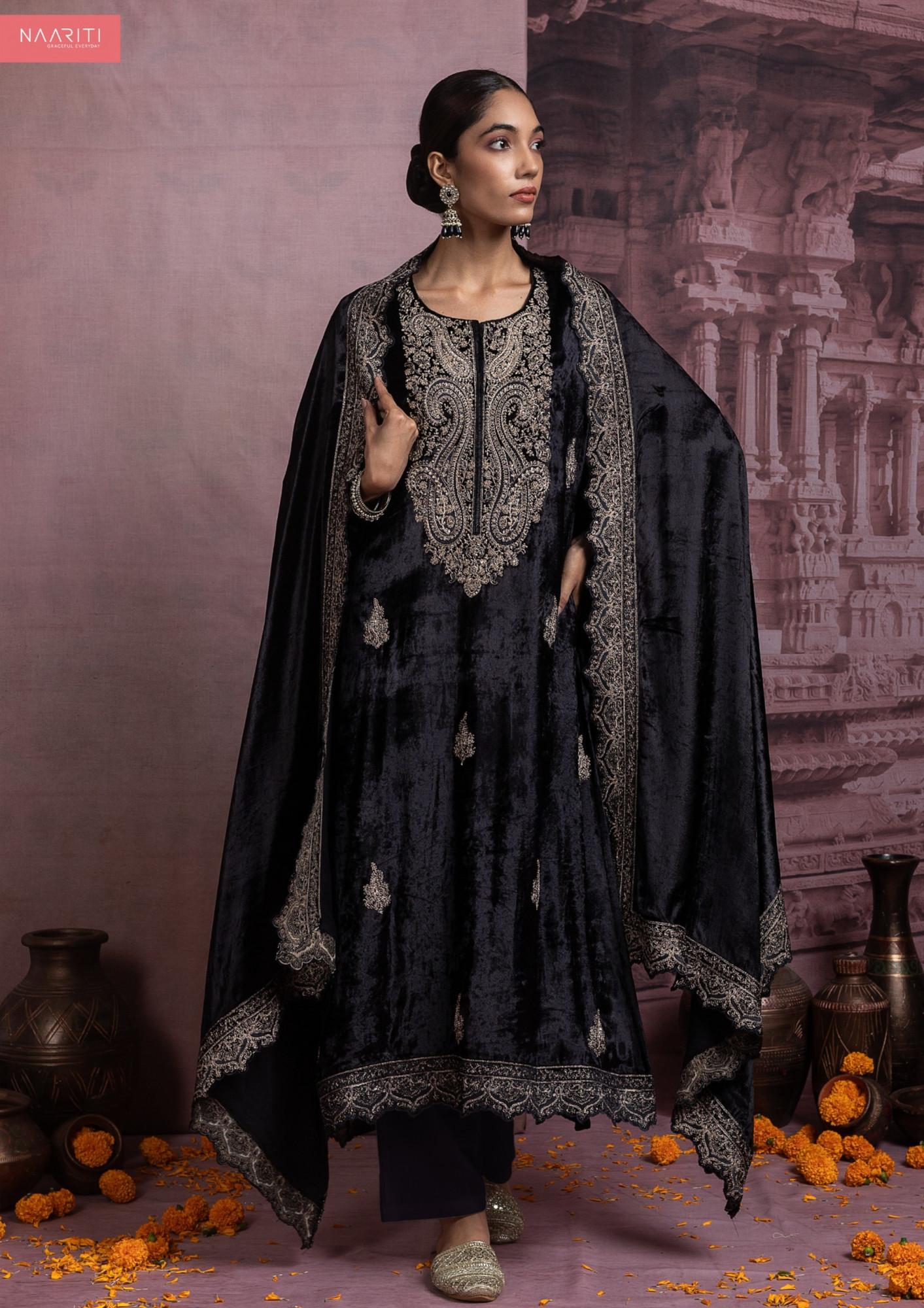 Black Pure Velvet Suit Set with Velvet Dupatta - R157-SPR2464