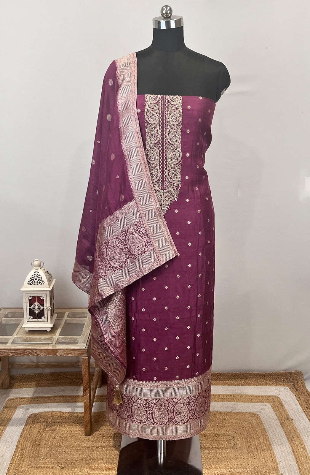 Wine Tussar Silk Suit Set with Silk Dupatta - USPSLK1301-6B