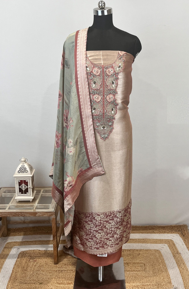 Image of Rust Brocade Suit Set with Silk Dupatta - USPSLK1301-7A