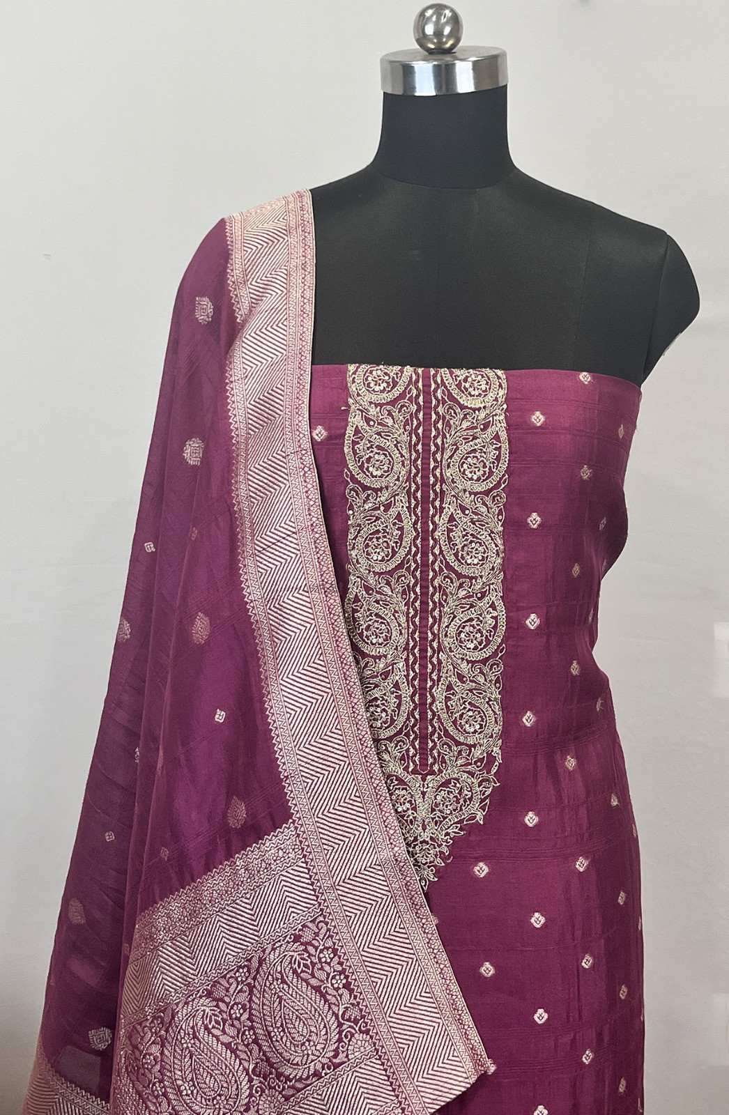 Wine Tussar Silk Suit Set with Silk Dupatta - USPSLK1301-6B