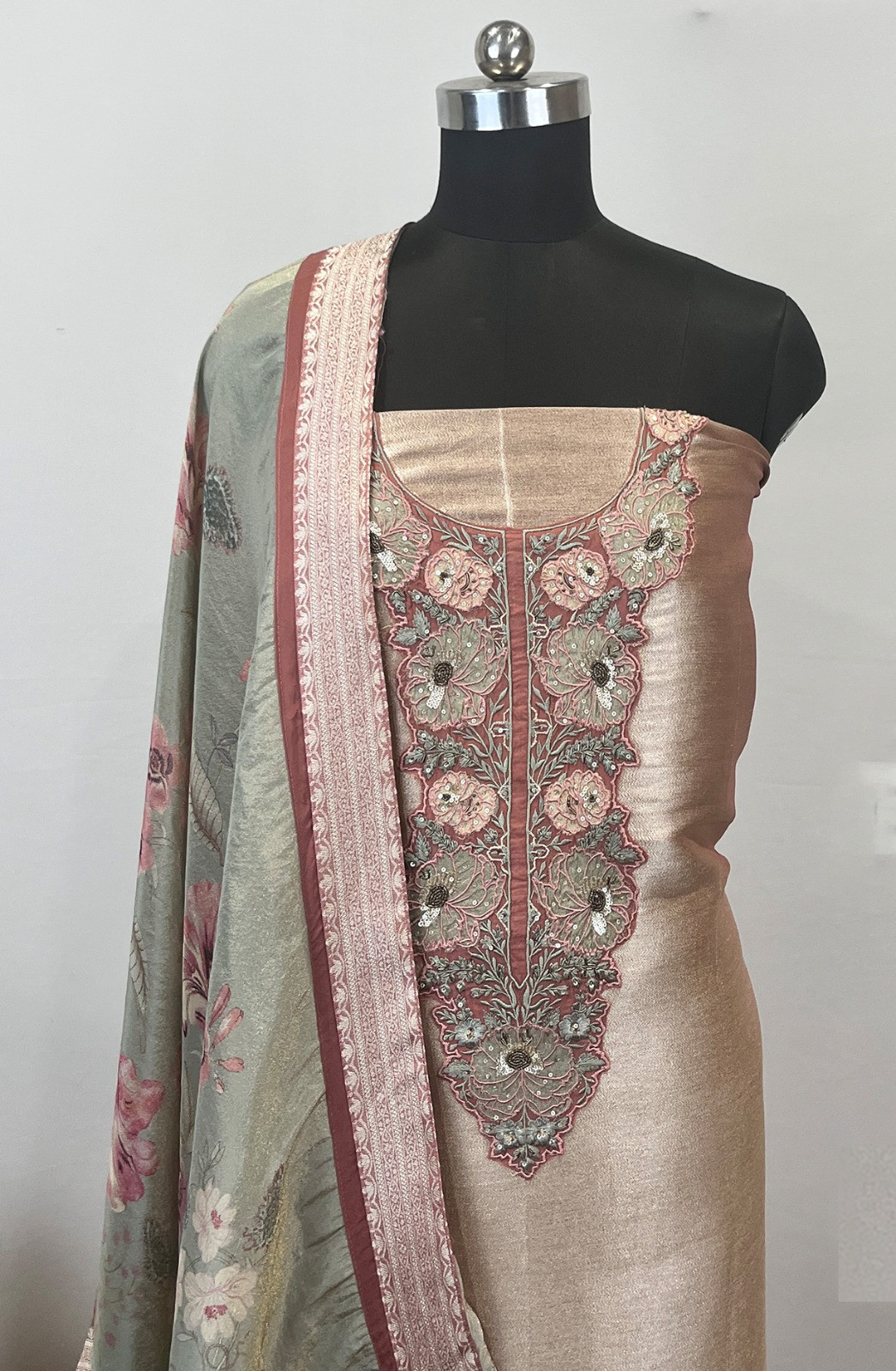 Rust Brocade Suit Set with Silk Dupatta - USPSLK1301-7A