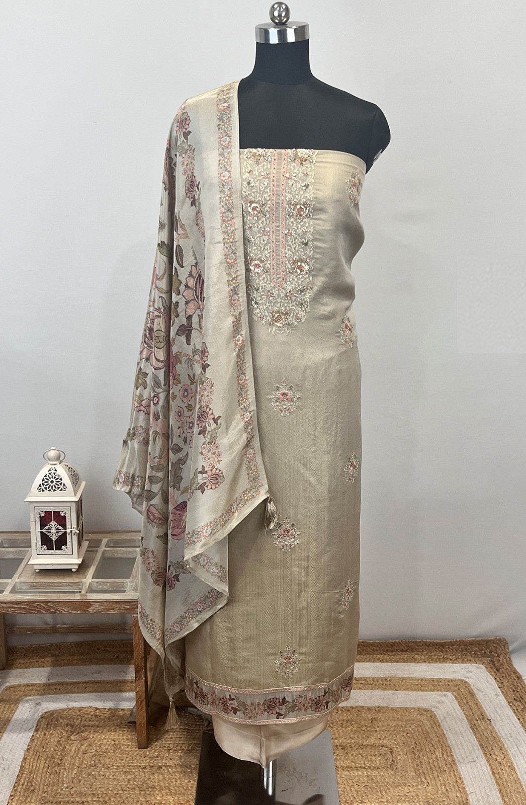 Beige Silk Suit Set with Silk Dupatta - USPSLK1301-4C
