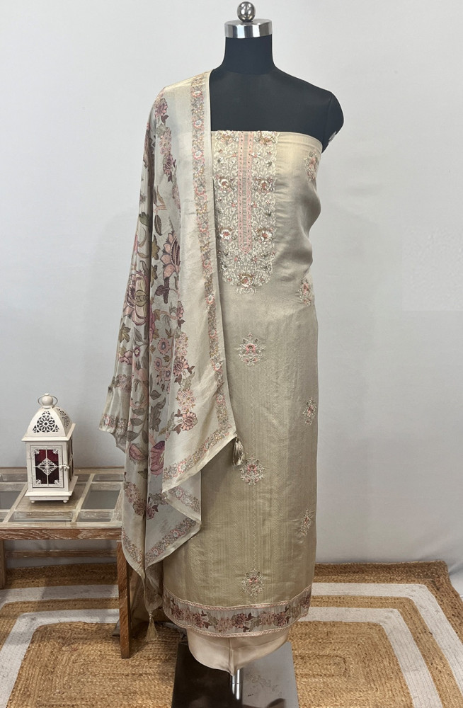 Image of Beige Silk Suit Set with Silk Dupatta - USPSLK1301-4C