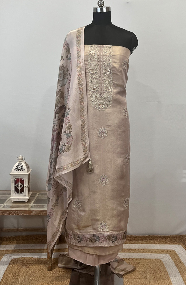 Image of Peach Silk Suit Set with Silk Dupatta - USPSLK1301-4B