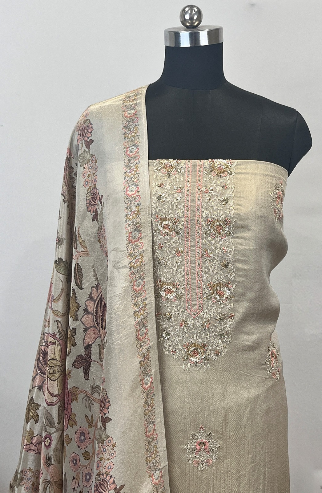 Beige Silk Suit Set with Silk Dupatta - USPSLK1301-4C