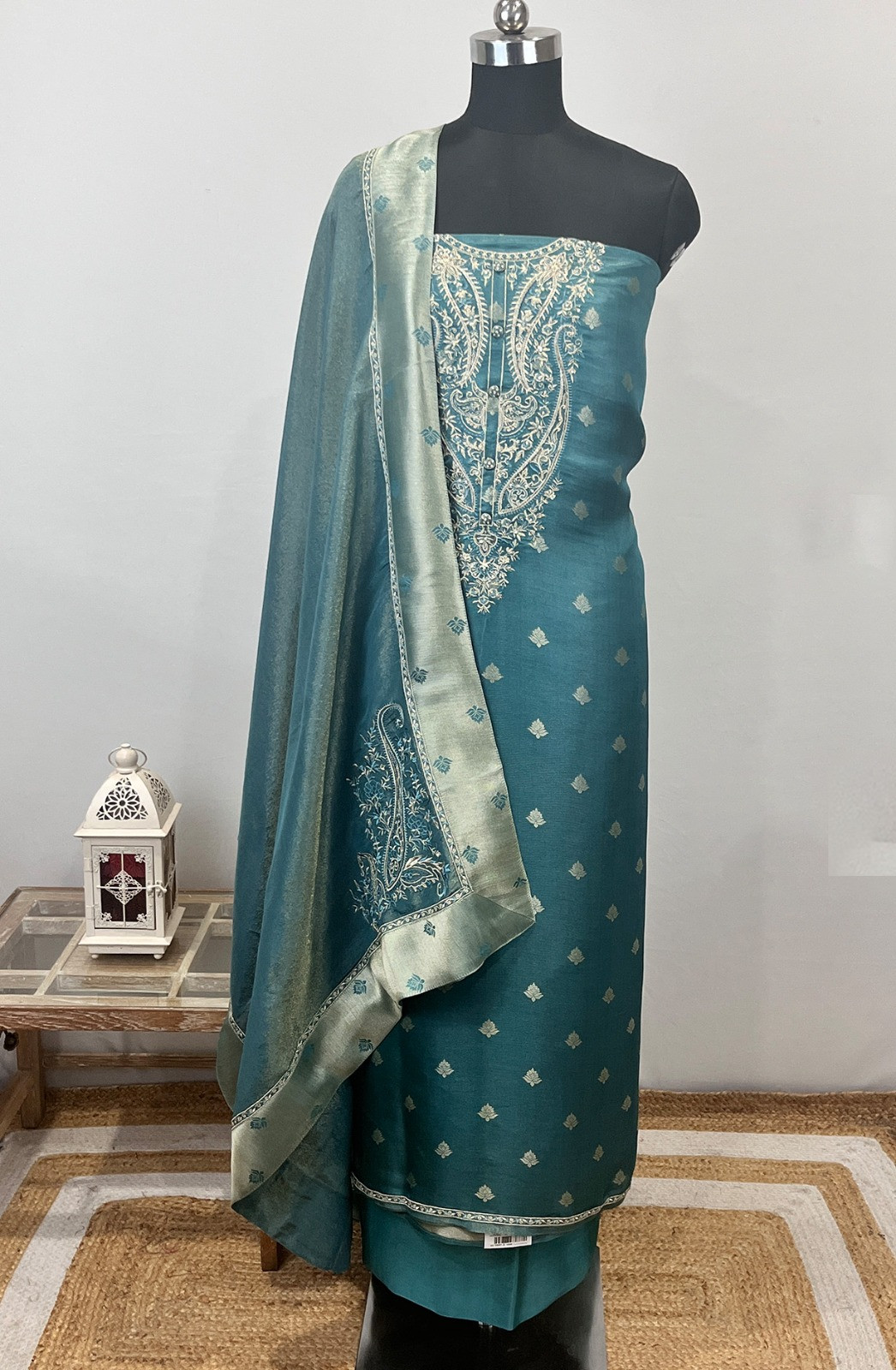 Teal Silk Suit Set with Beautiful Shimmer Dupatta - USPSLK1301-9D